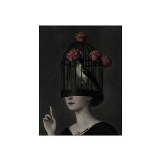 Caged in Bloom gothic woman with rose-covered birdcage fine art print
