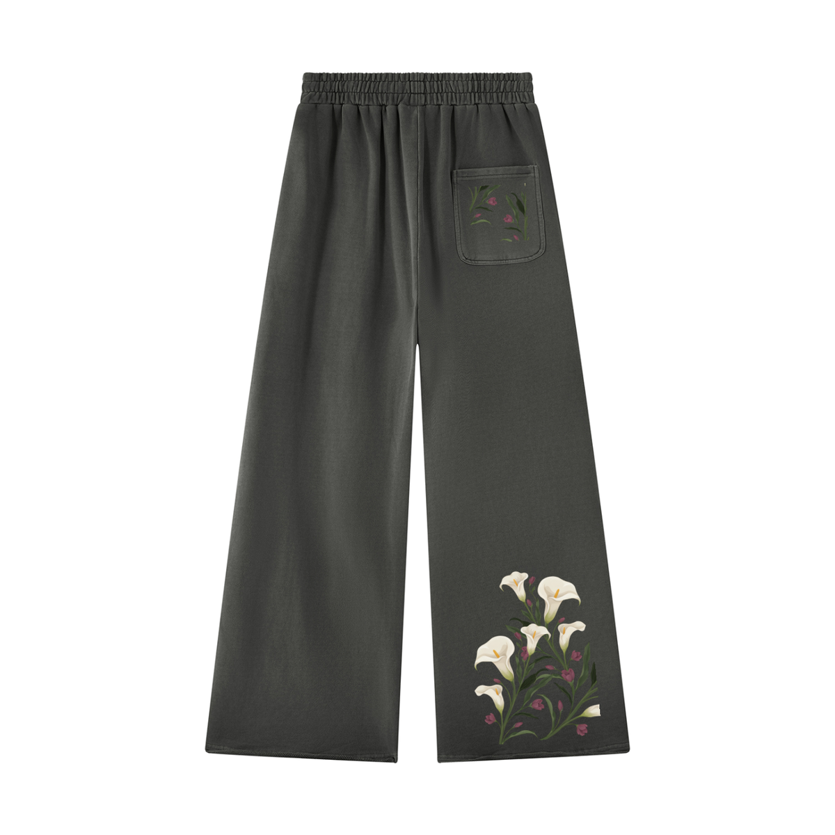 Dark gray calla lily wide leg sweatpants, back view with a small floral sprig on the back pocket