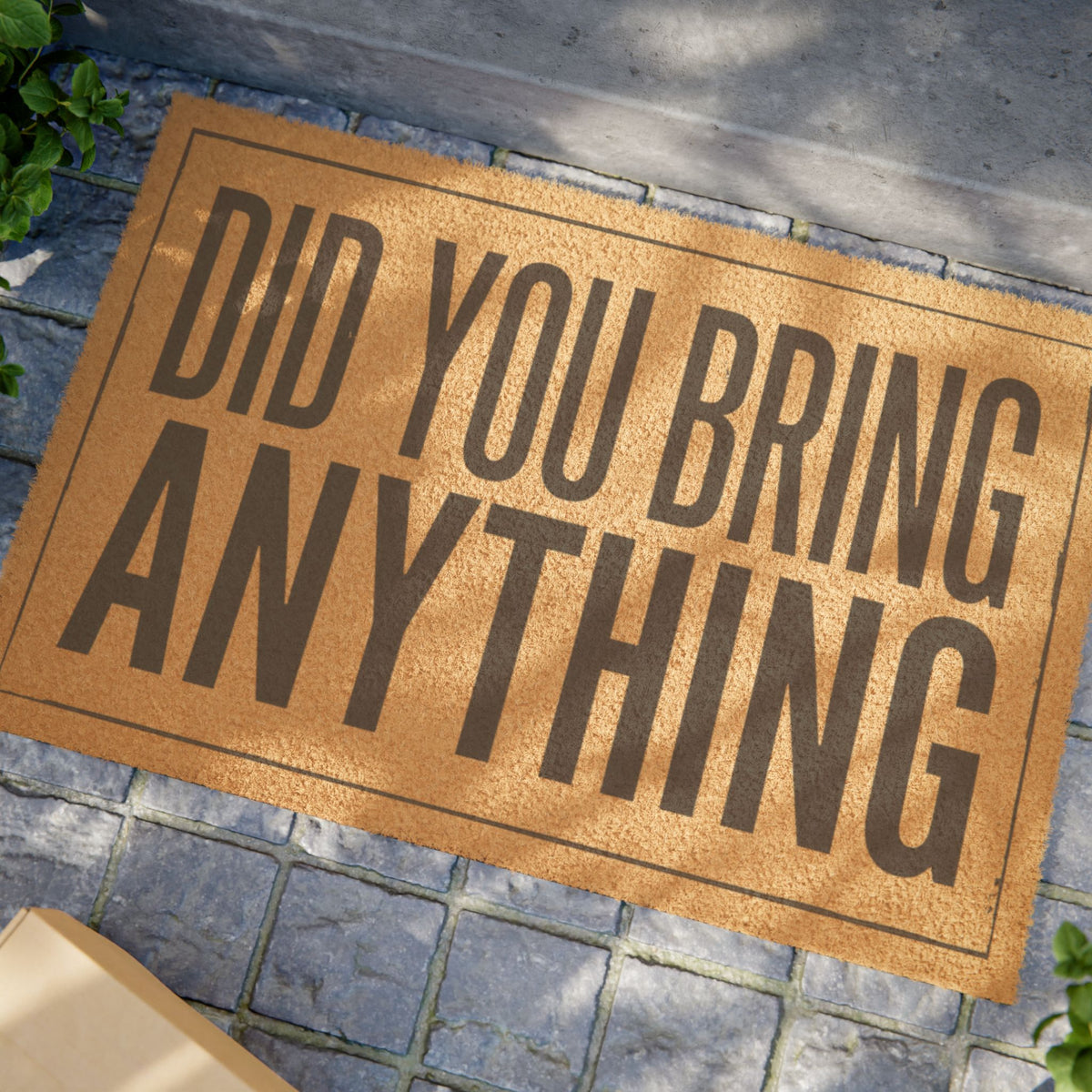 Close view of the Did You Bring Anything coir doormat on a stone patio in dappled sunlight