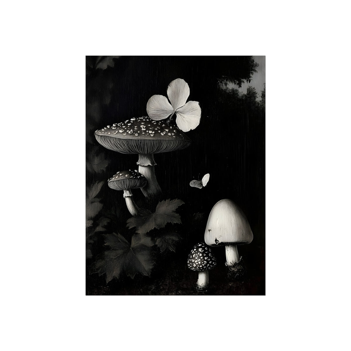 Flutter of Decay | Gothic Mushroom & Butterfly Poster fine art poster mockup displayed in an interior setting.