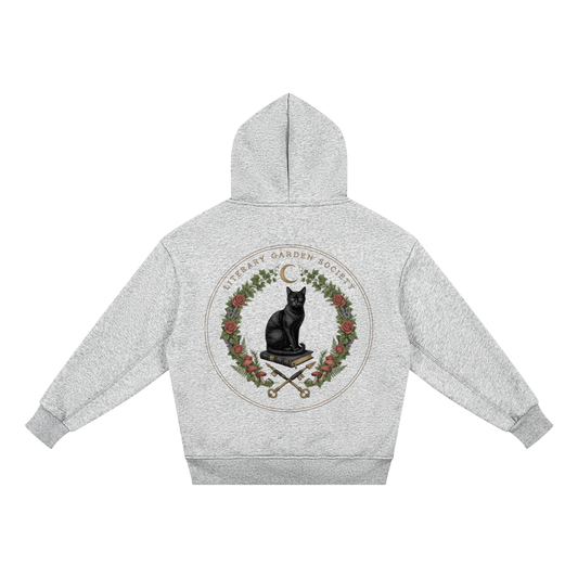 Flat view of the kids’ gray fleece hoodie back print, a black cat on a book with crossed quills and keys, Literary Garden Society