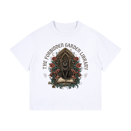 Kids’ loose-fit drop-shoulder tee with a black cat in a gothic garden library doorway, The Forbidden Garden Library front print