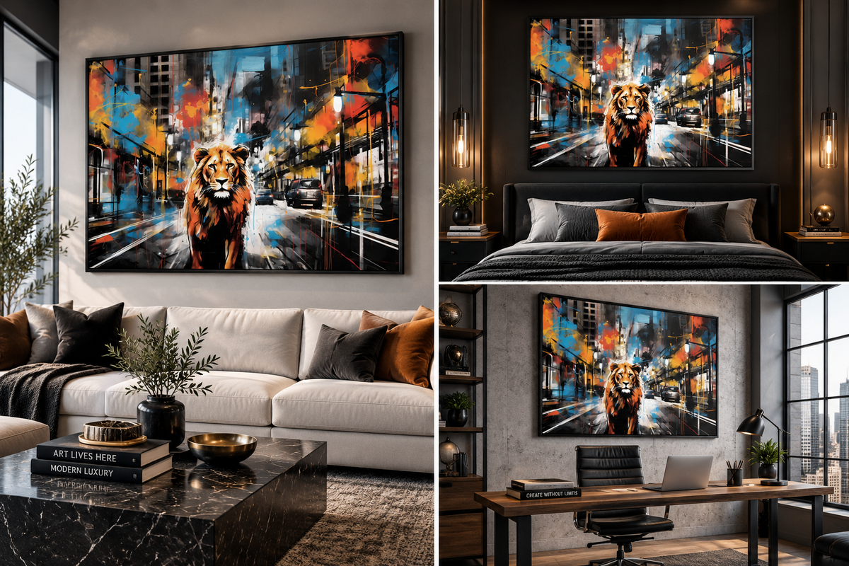 King of the Streets urban lion wall art displayed in luxury modern interiors