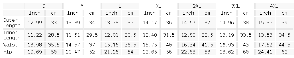 Size chart for the Men's 2-in-1 Compression Shorts
