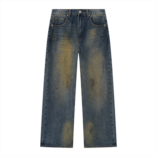 Men's Reverse Wash Whiskered Wide Leg Denim Jeans in jeans blue