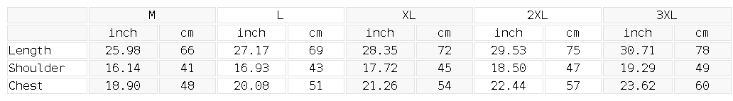 Size chart for the Men's Sleeveless Cotton Tank Top