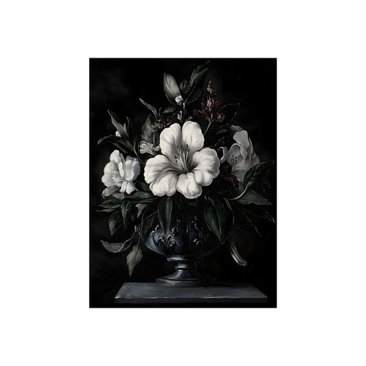Ossuary of Petals | Dark Floral Still Life Poster fine art poster mockup displayed in an interior setting.