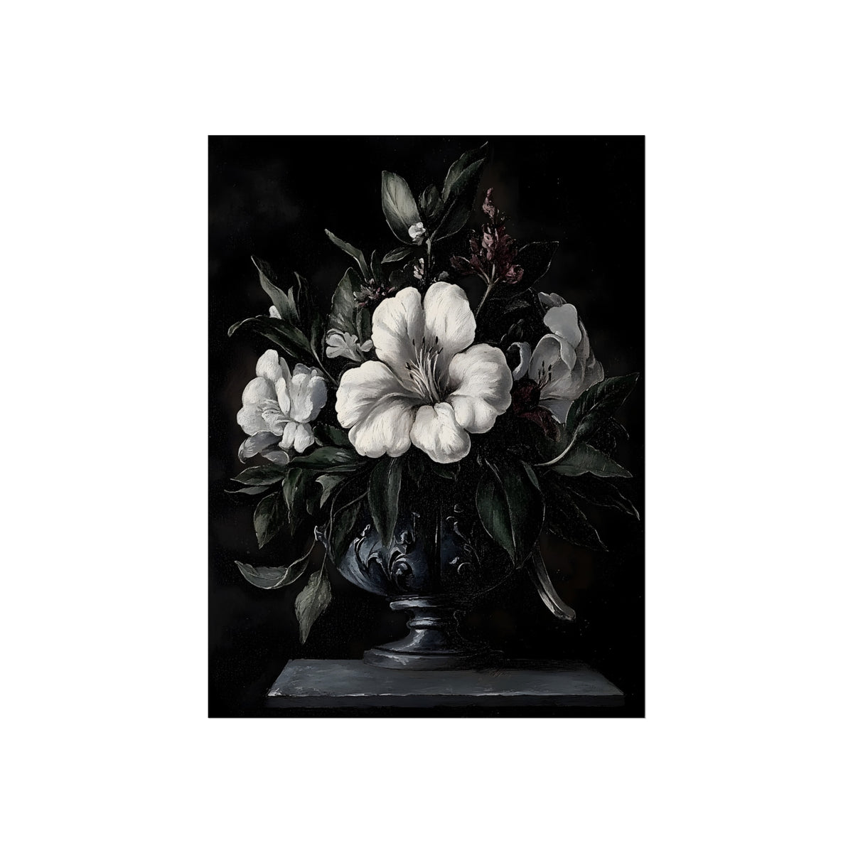 Ossuary of Petals | Dark Floral Still Life Poster fine art poster mockup displayed in an interior setting.