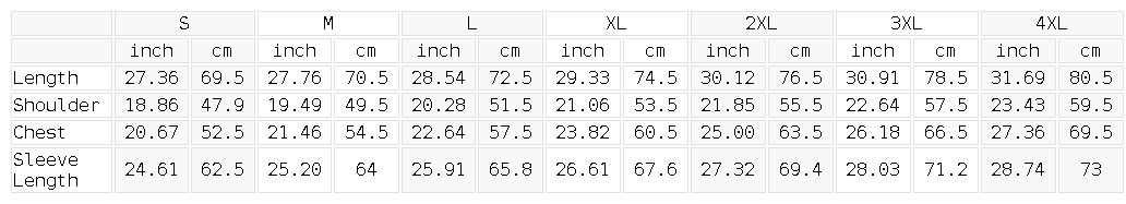 Size chart for the Streetwear Unisex Cotton Pullover
