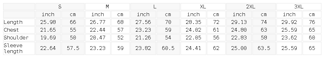 Size chart in inches and centimeters for the heavyweight fleece crewneck sweatshirt, showing length, shoulder, chest and sleeve length