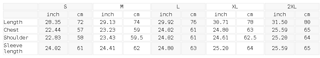 Size chart for the Unisex Acid Wash Oversize Long Sleeve T-Shirt
