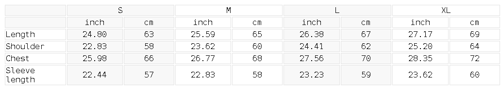 Size chart for the Unisex Boxy Collared Detachable Sweatshirt