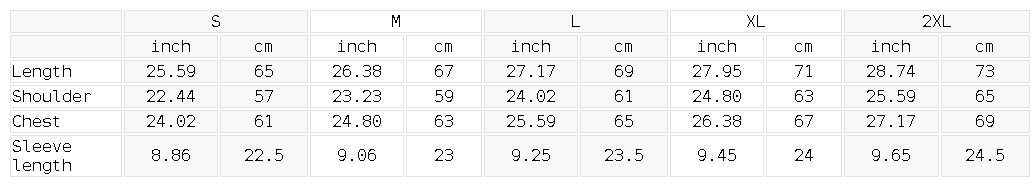 Size chart for the Unisex Boxy Oversized T-Shirt