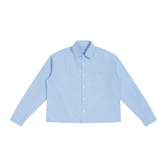 Unisex Boxy Plaid Long Sleeve Shirt in light blue plaid