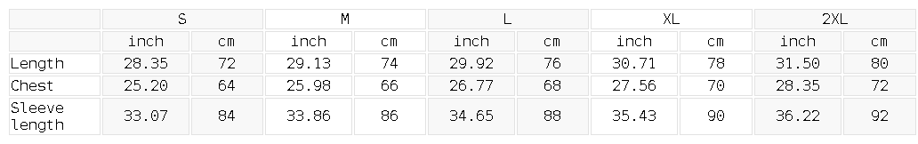 Size chart for the Unisex Camo Loose Long Sleeve T-Shirt