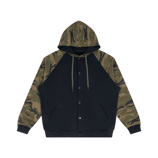 Unisex Camo-Splice Raglan Hoodie in black with green camo