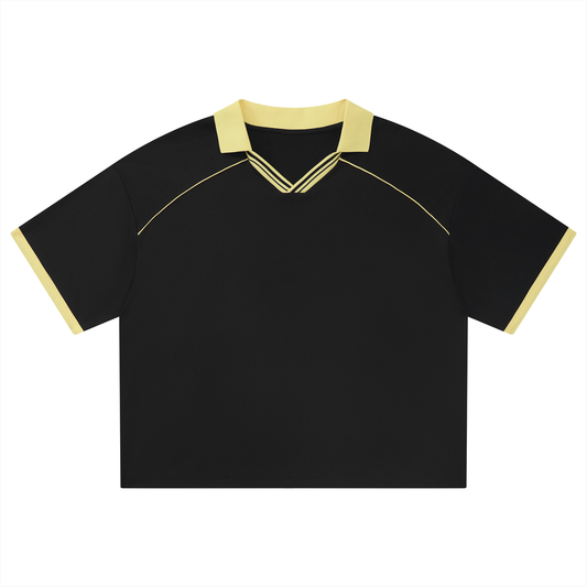 Unisex Collared Piping Boxy Soccer Jersey in black