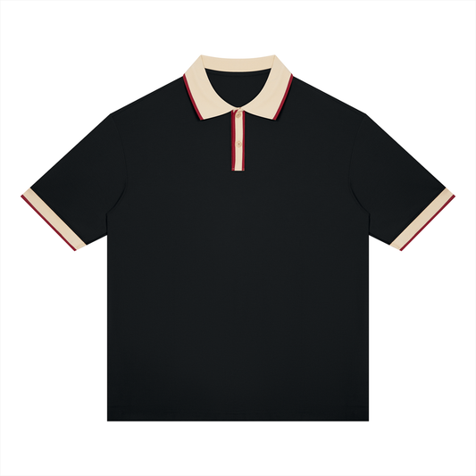 Unisex Color Block Polo Shirt in black with apricot