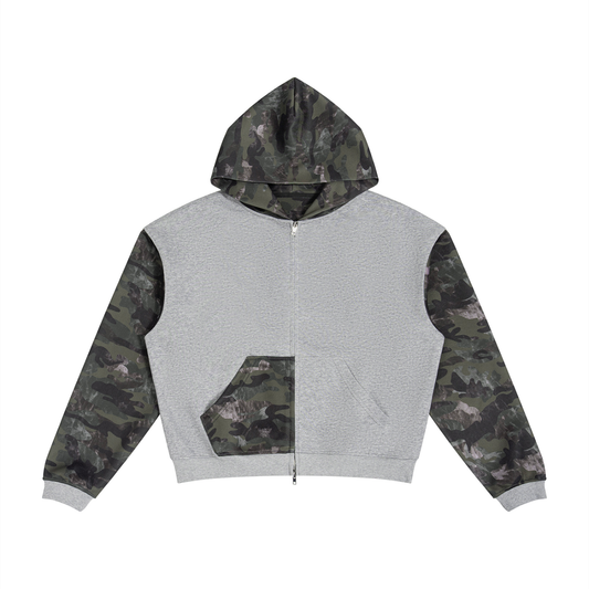 Unisex Colorblock Camo Full Zip Boxy Hoodie in flower gray with green camo
