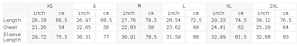 Size chart for the Unisex Contrast Raglan Sleeve Baseball Jacket