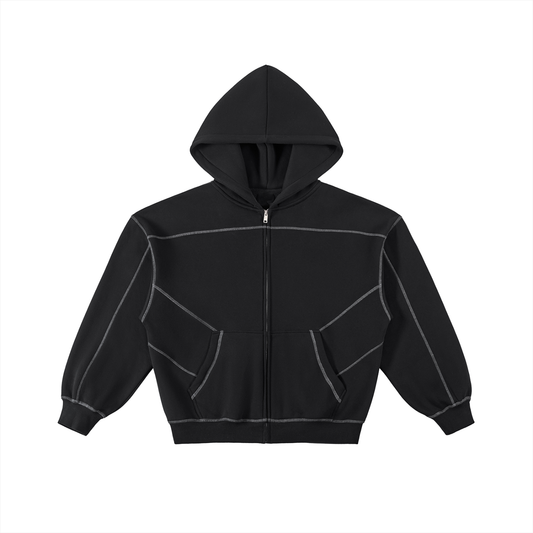 Unisex Contrast-Stitched Boxy Fleece Zip Hoodie in black