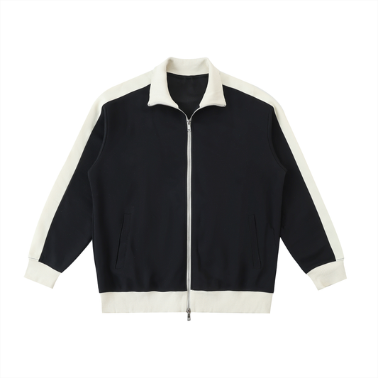 Unisex Contrast Trim Stand Collar Jacket in black with mild apricot