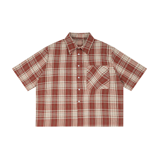 Unisex Cotton Plaid Boxy Short Sleeve Shirt in red with apricot
