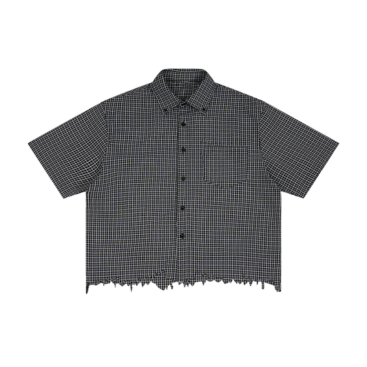 Unisex Distressed Plaid Boxy Shirt in black