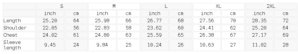 Size chart for the Unisex Distressed Wash Short-Sleeve Shirt