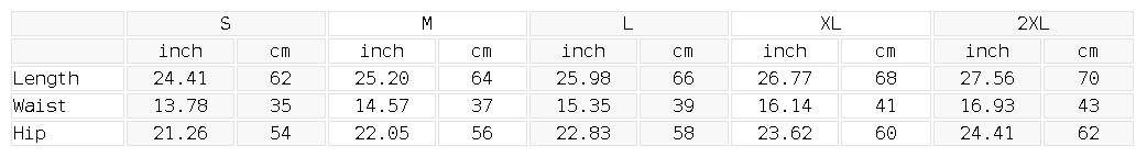 Size chart for the Unisex Drawstring Cargo Shorts