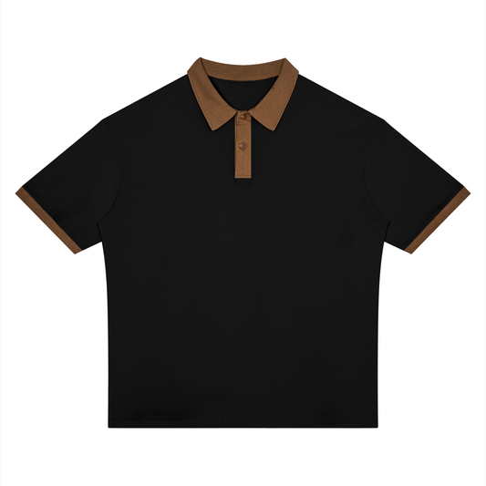 Unisex Drop Shoulder Color Block Polo Shirt in black with brown