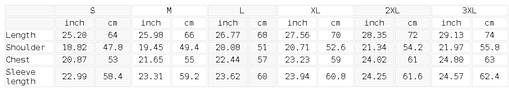 Size chart for the Unisex Drop Shoulder Full Zip Hoodie