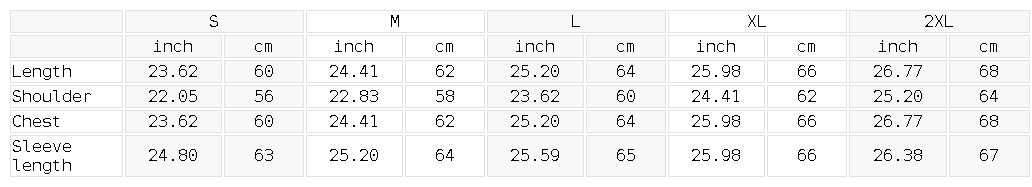 Size chart for the Unisex Drop Shoulder Hoodie