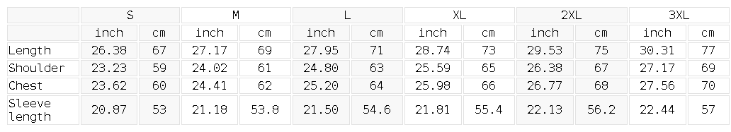 Size chart for the Unisex Drop-Shoulder Zip Up Hoodie