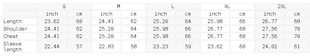 Size chart for the Unisex Fleece Zip-Up Boxy Hoodie
