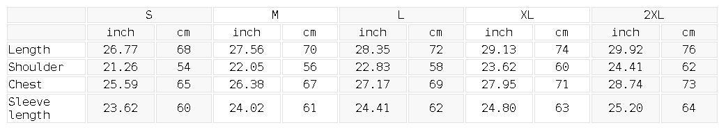 Size chart for the Unisex Fleeced High Neck Hoodie