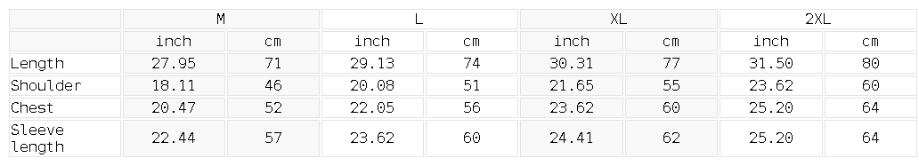 Size chart for the Unisex Heavyweight Drop Shoulder Long Sleeve T-Shirt