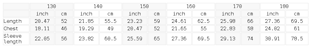 Size chart for the Unisex Kids' Contrast Tape Coach Jacket