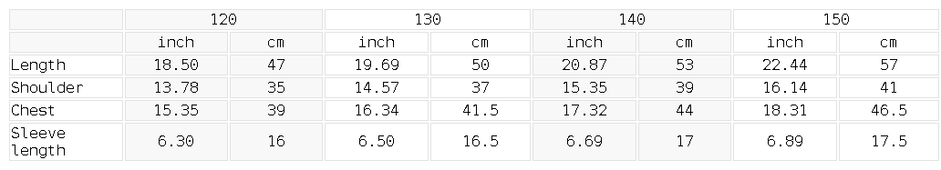Size chart for the Unisex Kid's Solid Crewneck T-Shirt