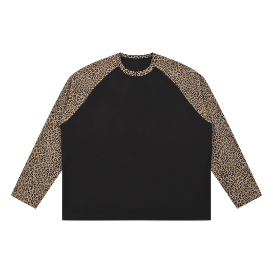 Unisex Leopard Panel Waffle T-Shirt in black with leopard brown