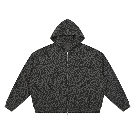 Unisex Leopard Print Full Zip Hoodie in leopard black