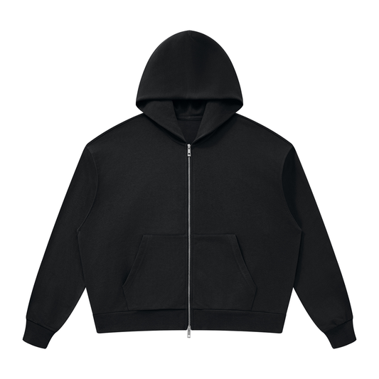 Unisex Loose Drop-Shoulder Zip-Up Hoodie in black