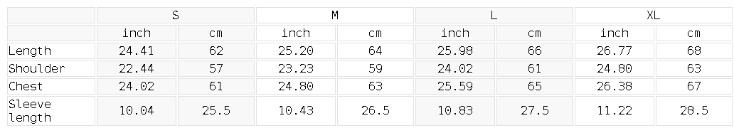 Size chart for the Unisex Loose Fit Drop Shoulder Polyester T-Shirt