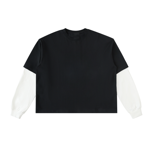 Unisex Loose Fit Patchwork Long Sleeve T-Shirt in black with white