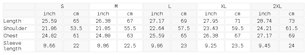 Size chart for the Unisex Loose Fit Snow Washed T-Shirt