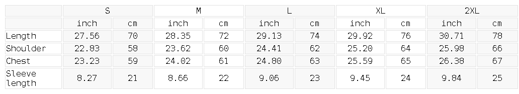 Size chart for the Unisex Loose Fit Sun Fade Cotton Blend T-Shirt