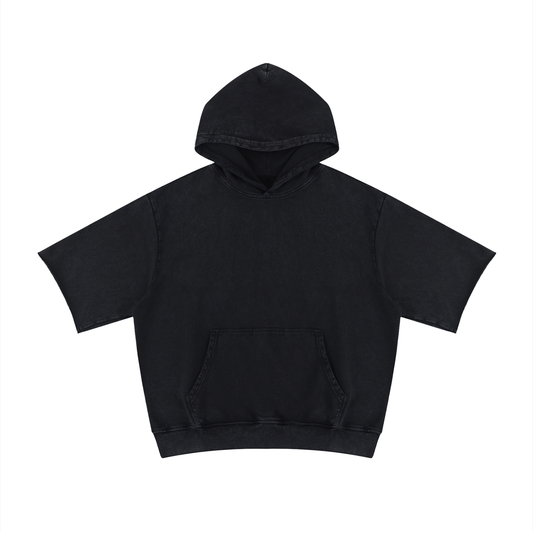 Unisex Mineral Wash Short Sleeve Hoodie in black