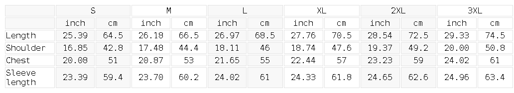 Size chart for the Unisex Minimalist Stand Collar Track Jacket