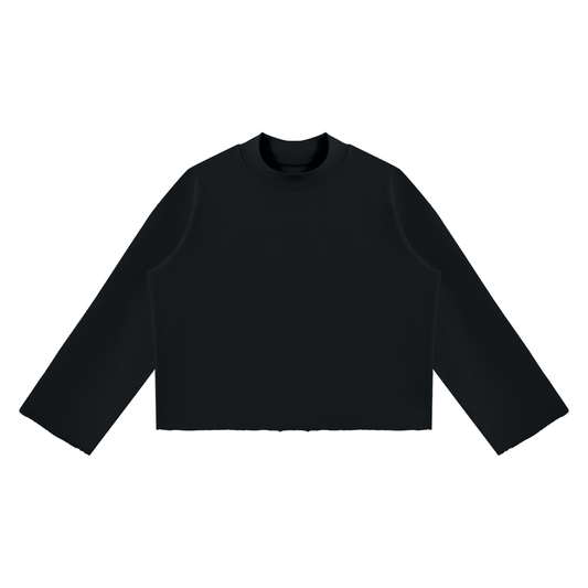 Unisex Mock Neck Raw Edge Boxy Sweatshirt in black