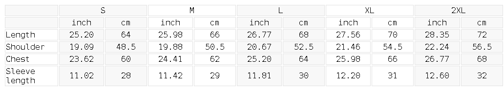 Size chart for the Unisex Oversized Vertical Stripe Boxy Shirt